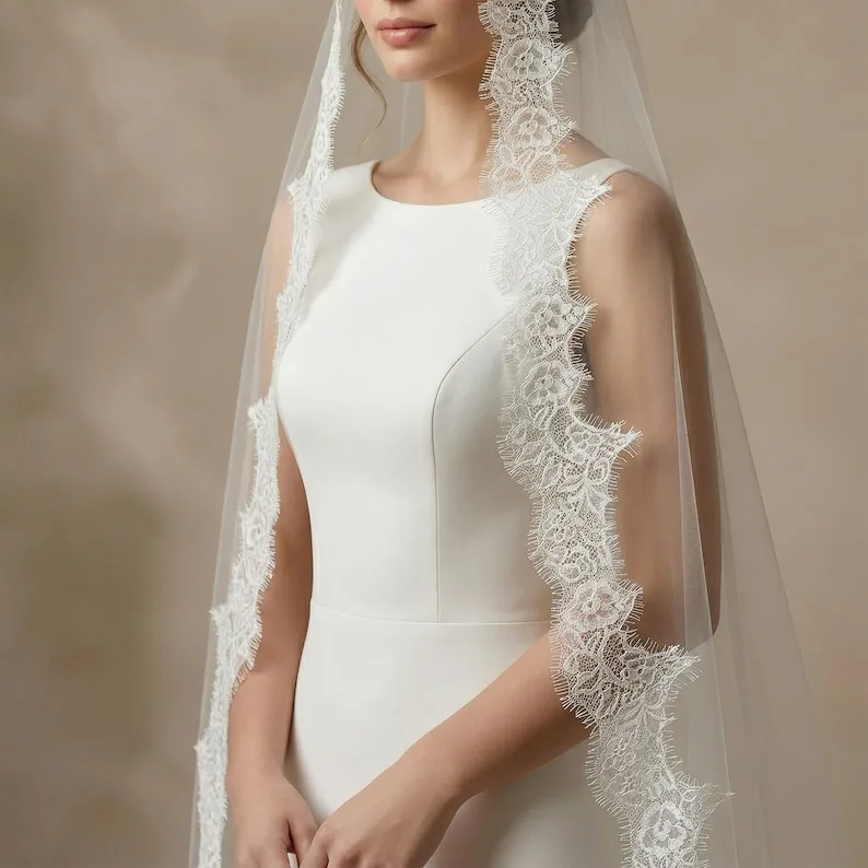 

Mantilla Veil Bridal Headpiece with Comb Cathedral Wedding Veil Eyelash Lace Trim Bridal Veil Handmade Customization