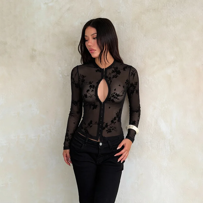 Transparent Mesh T-shirts Women Streetwear Solid Color Aesthetic Clothes Long Sleeve Ropa Mujer Slim Fit Office Lady Outfits