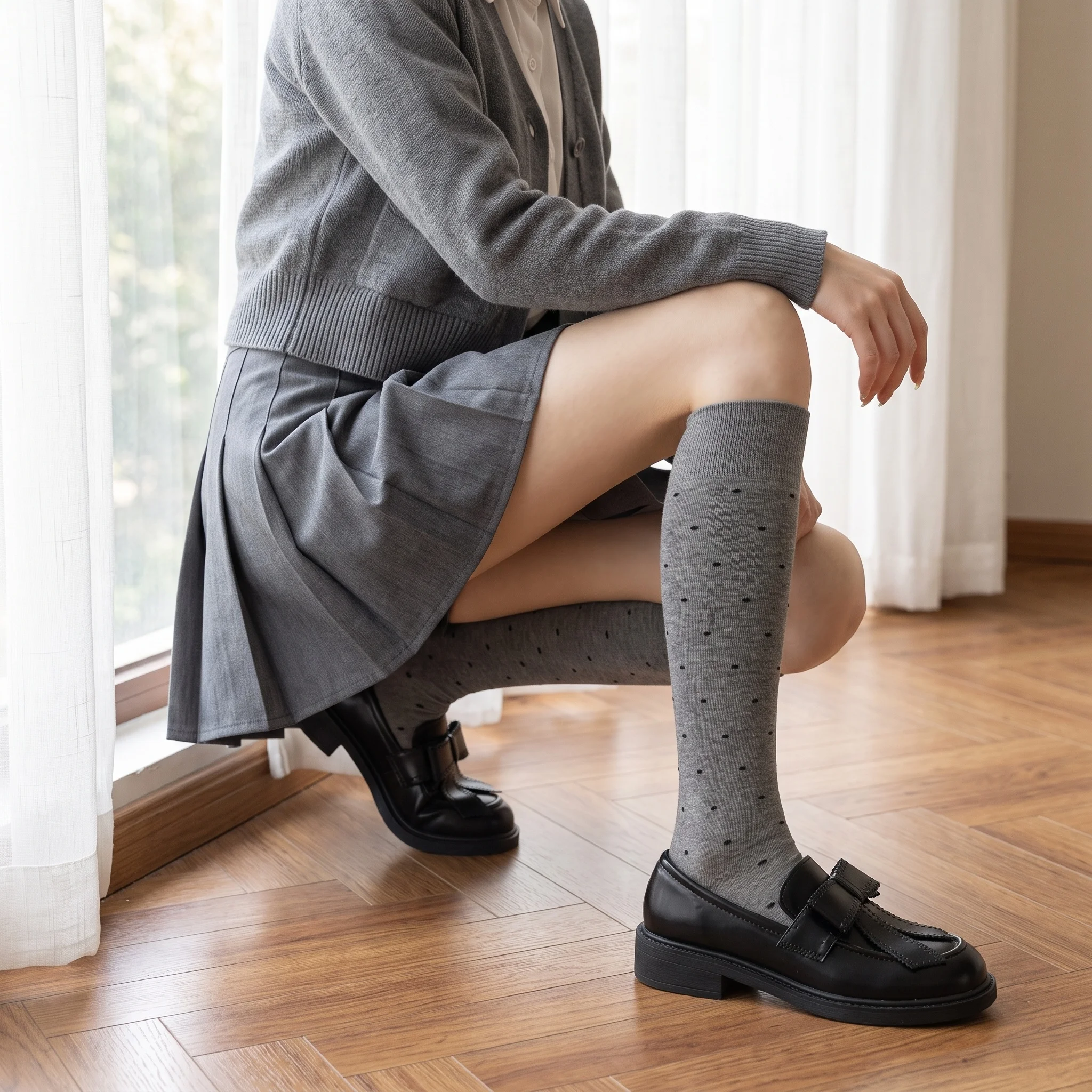 Moon Girl, Sweet Academia‑Style Gray Polka‑Dot Mid‑Calf Socks for Women, Bow Decor Socks for Mary Jane Shoes & Dresses, Cute Fashion Socks, Ideal for Daily Preppy‑Girl Outfit Matching.