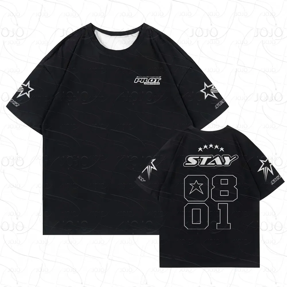 تي شيرت رجالي K-POP Stray Kids Five Star Album Merch Letter Graphic تي شيرت رجالي قابل للتنفس سريع الجفاف مريح أنيق كبير الحجم #4