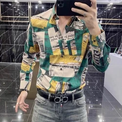 Colorful Shirt Men's Trendy Letter Printed Youth Long Sleeved Versatile Shirt Men's Top