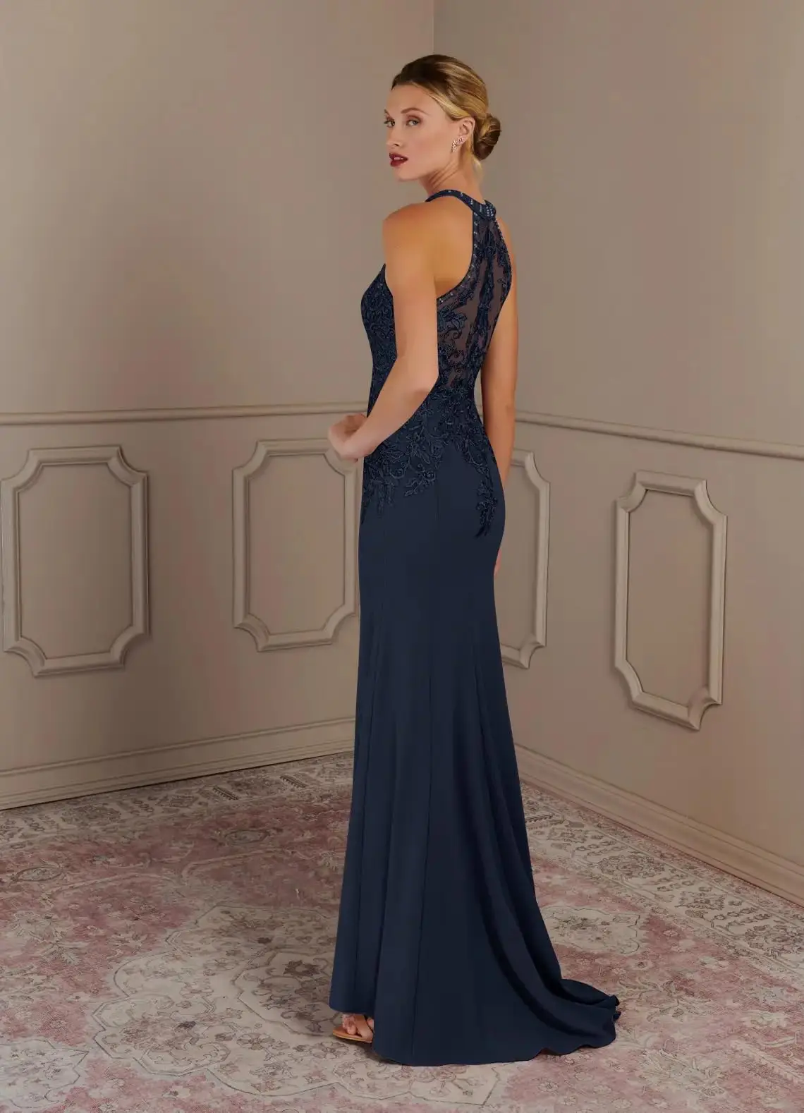 Vestidos largos de encaje azul personalizados para madre de la novia, vestidos de noche formales sin mangas con cuello Halter de sirena para boda