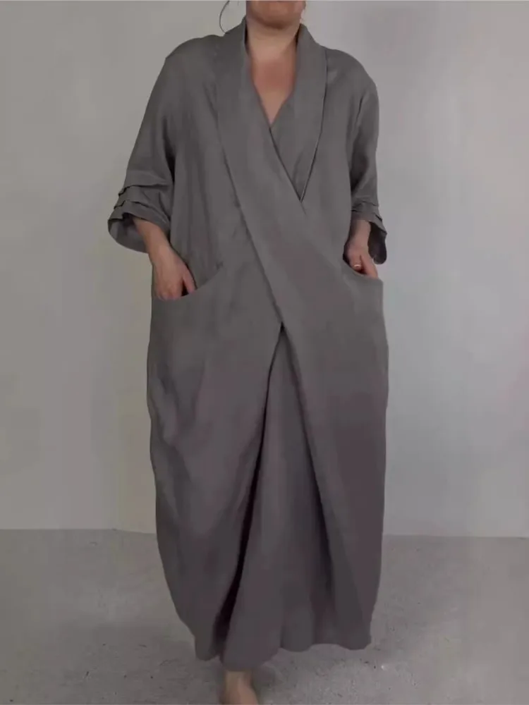 

Bohemian Maxi Dress Autumn Solid Color Cotton Linen Dress Women V-neck Long Sleeved Slit Long Skirt Casual Loose Dress Females