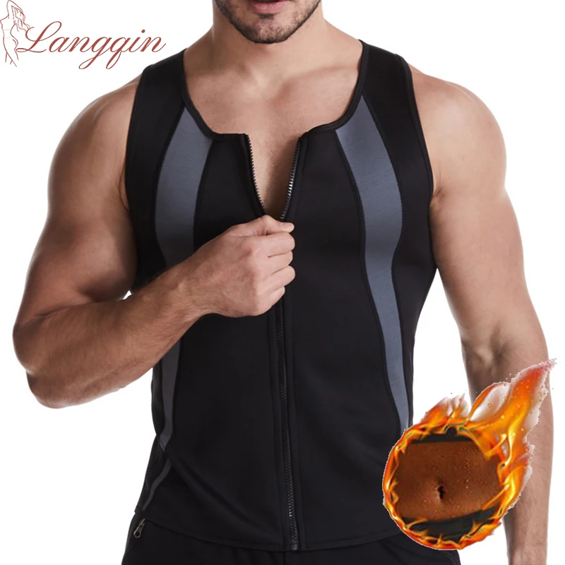 Men's Zipper Neoprene Tank Top Workout Suit Body Shaper Sweating Sauna Vest  Waist Trainer