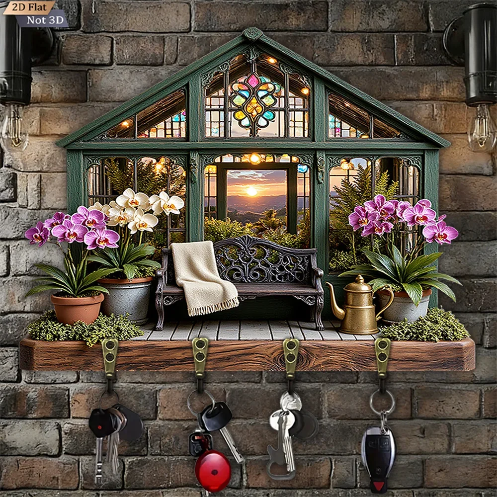 2D Flat Retro Floral Key Hook, 1pc, Wooden Multifunctional Home Key Hook, with Four Metal Hooks, Wall Decoration, Porch