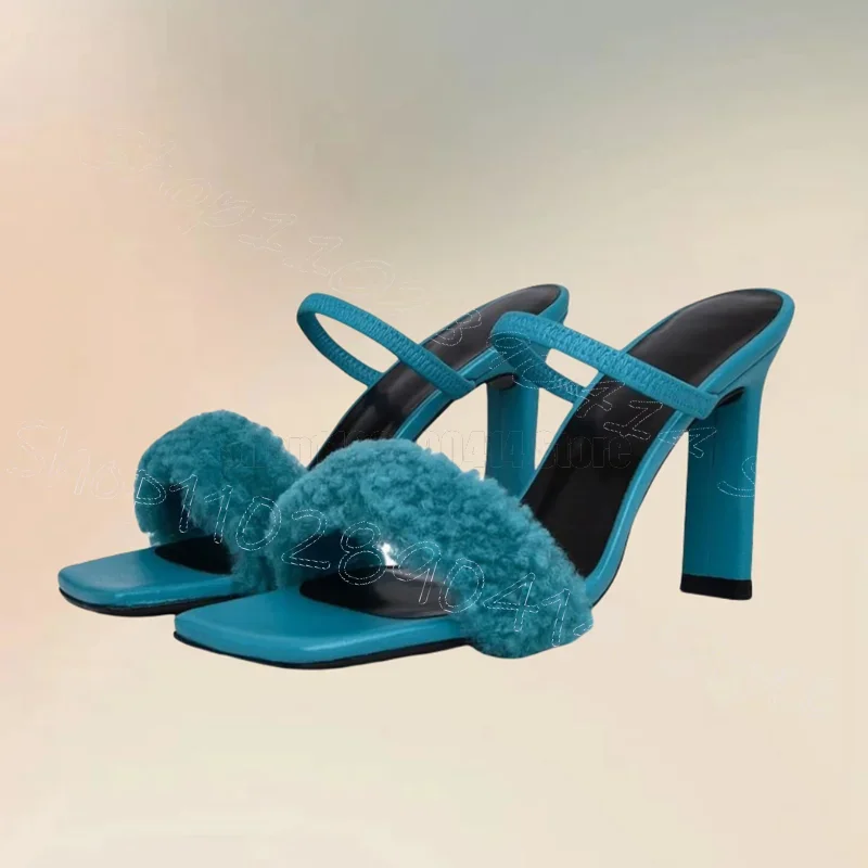 

Dark Blue Lamb Wool Open Toe Slippers Slip On Women Shoes Thin High Heels Fashion Party Banquet Dating 2025 Zapatos Para Mujere