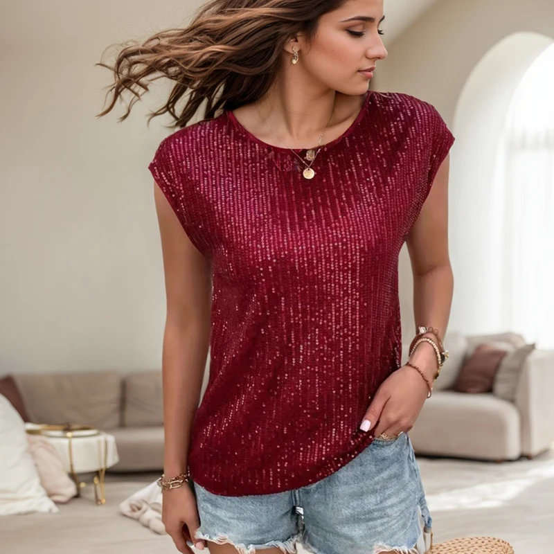 Streetwear Sequin Collage Embroidery T-shirts Casual Loose Solid Color Crew Neck Sleeveless Sequin Bling Pullover Women's Blouse