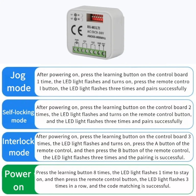 RX-MULTI Receiver Controller AC/DC 9V-30V 2CH 300MHz to 868MHz 433MHz Garage Door Opener / Gate Remote Control Receiver Switch
