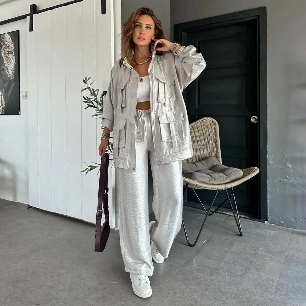 Metallic Women 2 Piece Set Solid Cargo Loose Coats Wide Leg Pants Matching Set 2024 Autumn Winter Elegant Office Lady Outfits