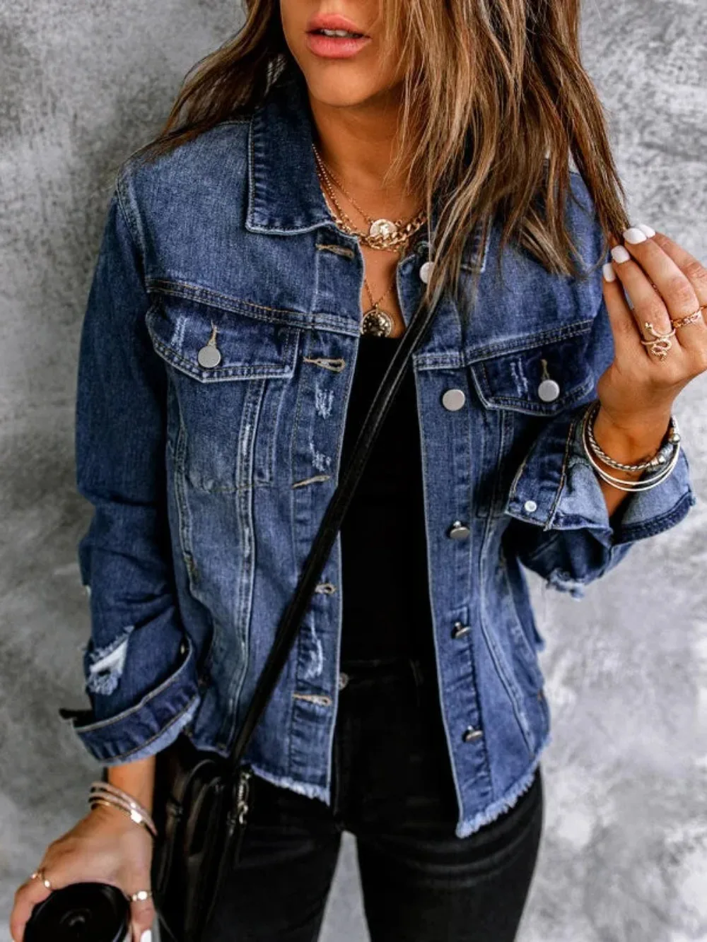 

2023 Autumn Denim Jacket Solid Women Streetwear Button Turn Down Collar Tops Jean Coat Ladies Straight Clothes Outfits