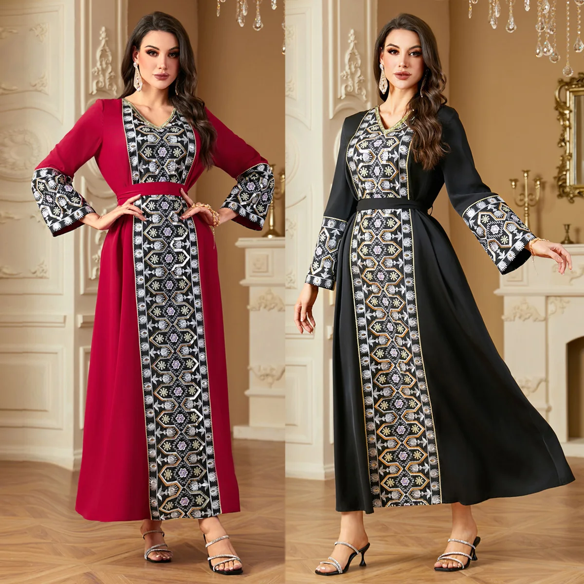 

Длинное женское платье Ele Long Sve Dr в ближневосточном стиле, мусульманское, с тяжелой вышивкой бисером и пэчворком, Дубай