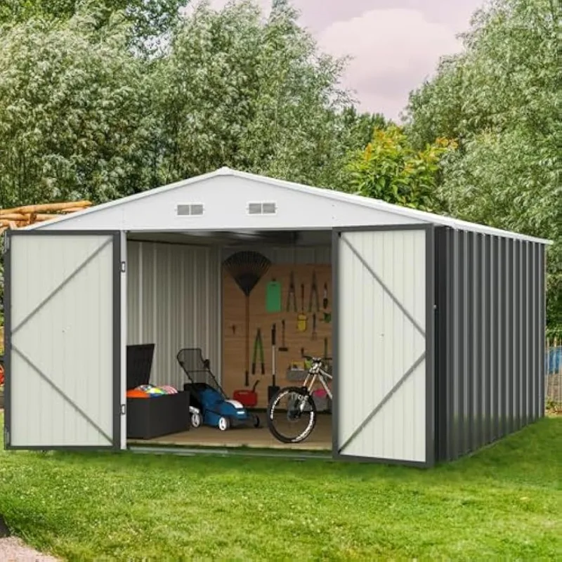 GUNJI 10 x 10 FT Shed Outdoor Storage Shed Metal Garden Shed with Lockable Door Outside Waterproof Tool Shed for Backyard