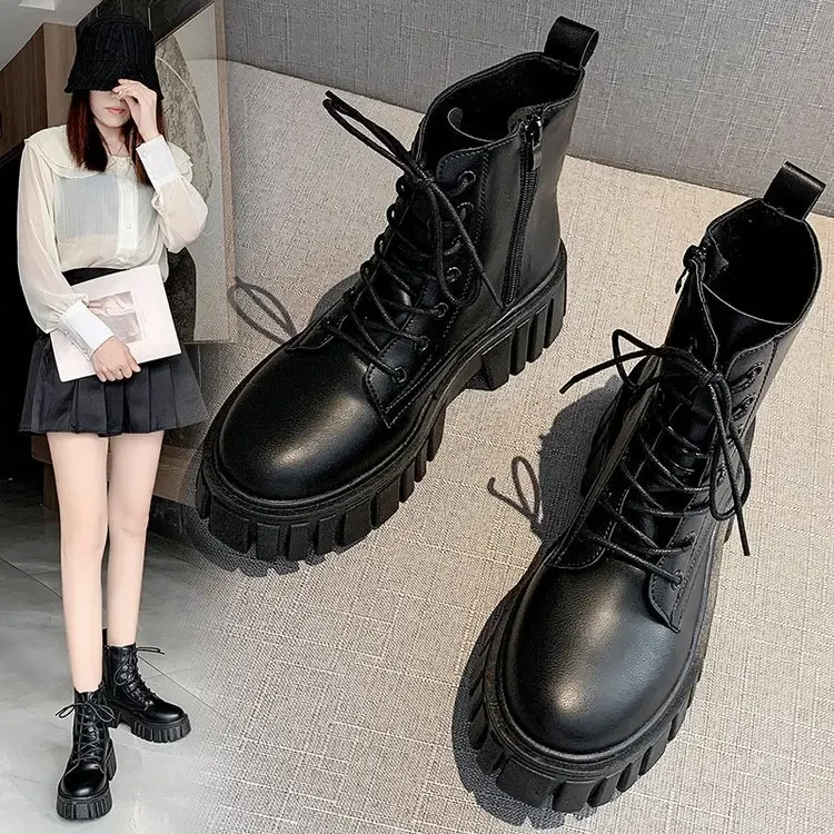 Chunky Platform White Ankle Boots Women Autumn Winter Pu Leather Combat Booties Mujer Punk Thick Bottom Motorcycle Boots