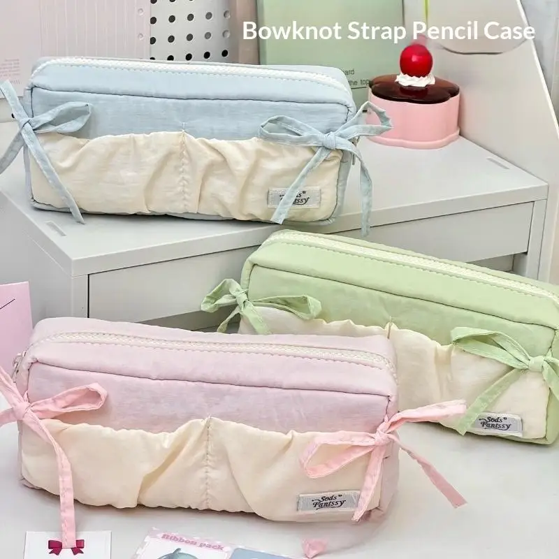 Cute Ruffled Bow Pencil Case With Large Capacity And Soft Fabric Perfect For Students School Study Daily Stationery Storage