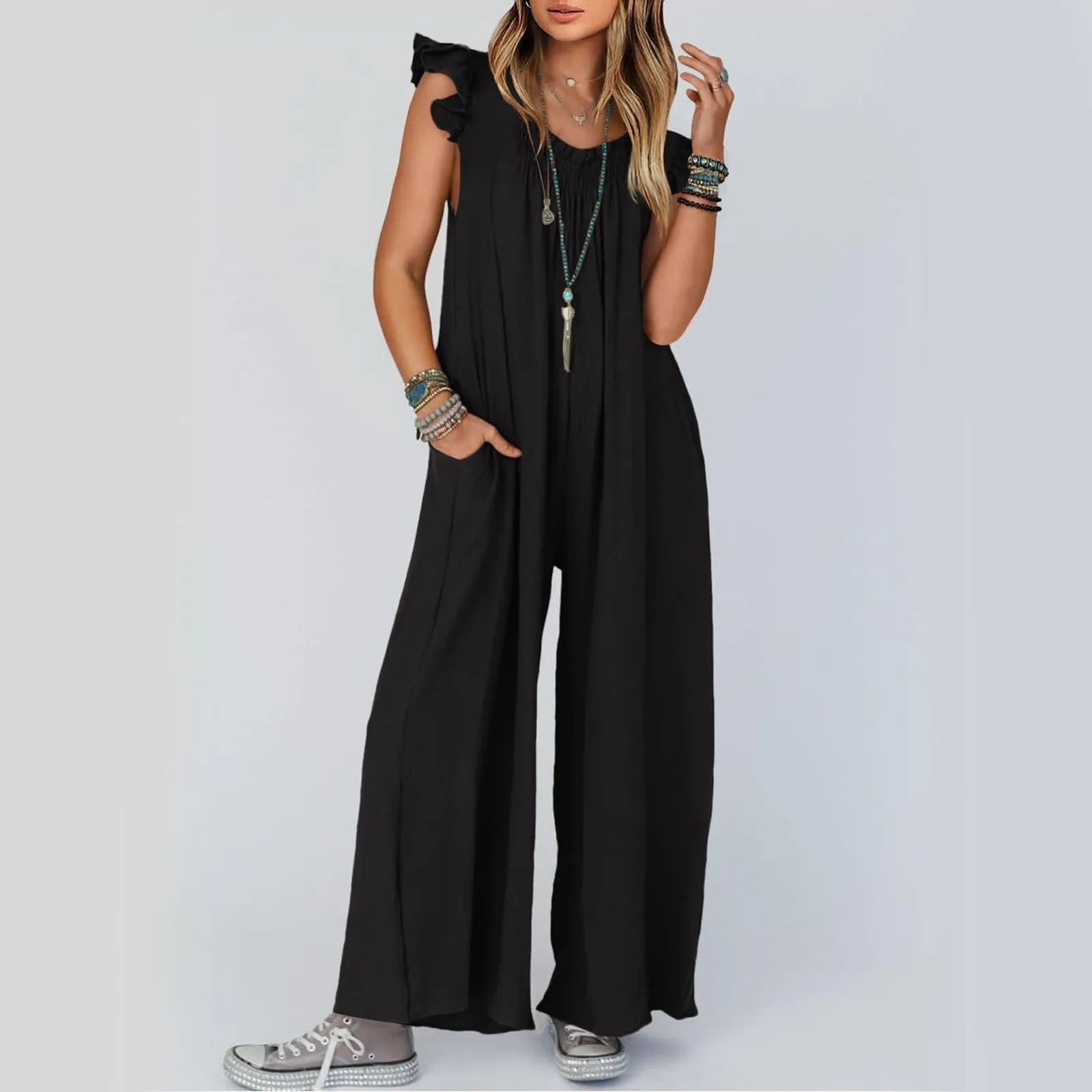 2024 Summer Jumpsuit Outfits For Women Butterfly Sleeve Wide Leg Jumpsuits Elegant Romper Vintage Streetwear Overalls Bodysuits