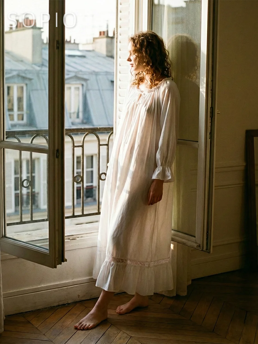 

Французское вязаное хлопковое платье миди для женщин, весеннее, с пышными длинными рукавами, кружевными вставками, свободное, ночная сорочка, мягкая одежда для сна и дома, 2026