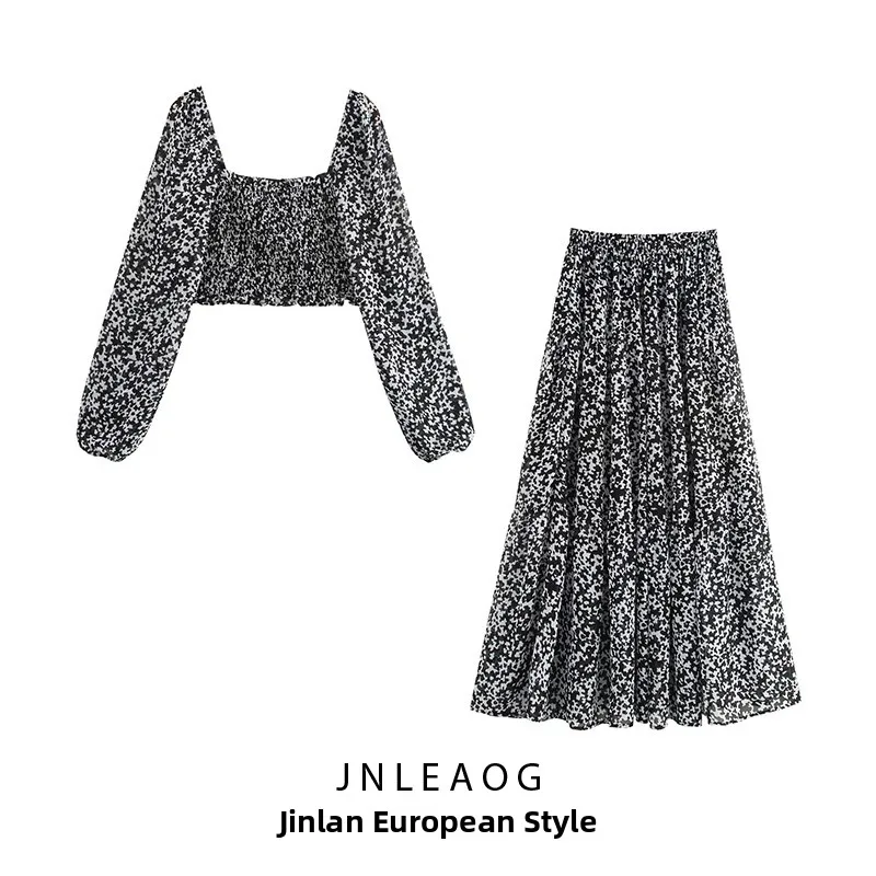 

Женский комплект из двух предметов Lantern Sve с цветочным принтом, осенняя мода, повседневная длинная юбка из полиэстера с расклешенной юбкой