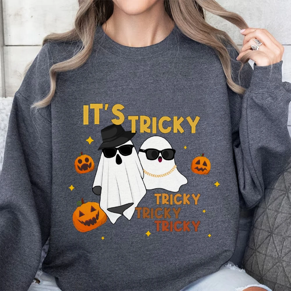 É complicado complicado halloween moletom retro fantasma 90s nostalgia halloween camisa de manga longa engraçado legal abóbora fantasma topo feminino