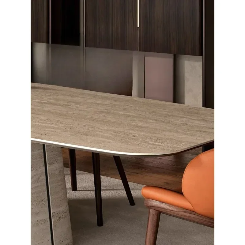 Travertine rock slab dining table and chairs modern simple household small apartment 2024 new restaurant rectangular