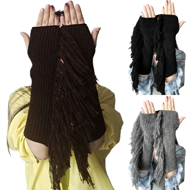 

Adult Teens Tassels Winter Knitting Gloves Women Men Half Finger Mittens Elbow Length Crochet Gloves for Outdoor Cycling Skiing