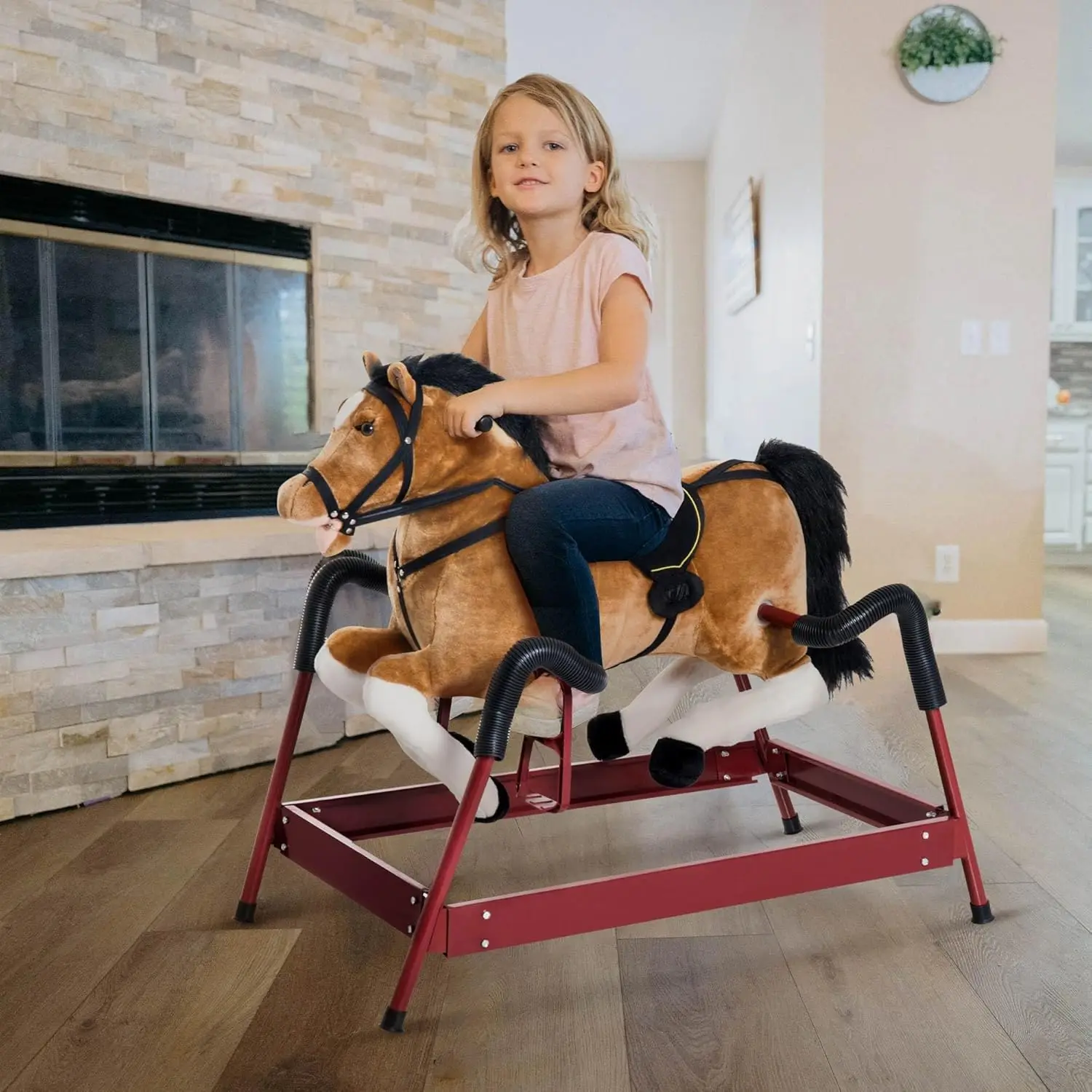 

Qaba Durable Plush Toddlers Spring Rocking Horse, Bouncing Rocker Toy with Realistic Sounds