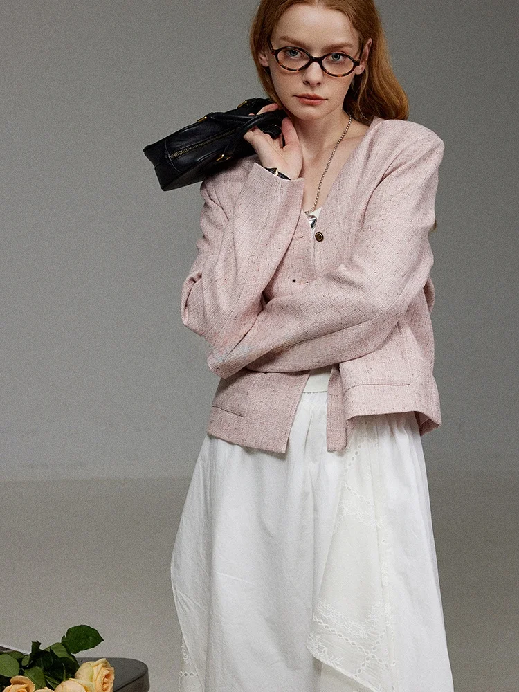 

Pink V-Ne Single Button Little Bla Dr Sle Jaet Women's Spring Autumn New High-End Anti-Aging Top LITLECOT