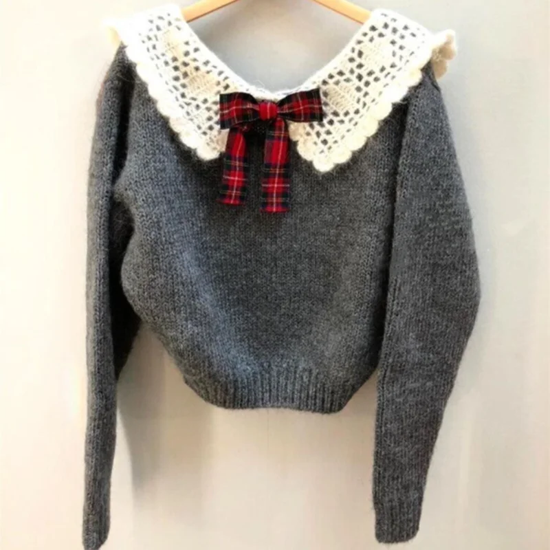 New Sweet Doll Collar Knitted Sweater Lapel Open Back Grey Bow Top Women