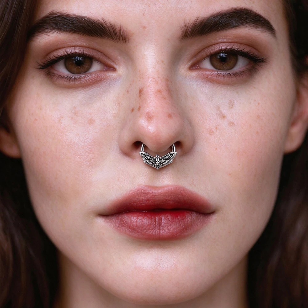 1PC Stainless Steel Gothic Death Moth Septum Ring Hinged Clicker Nose Hoop Skull Daith Helix Tragus Cartilage Piercing Jewelry