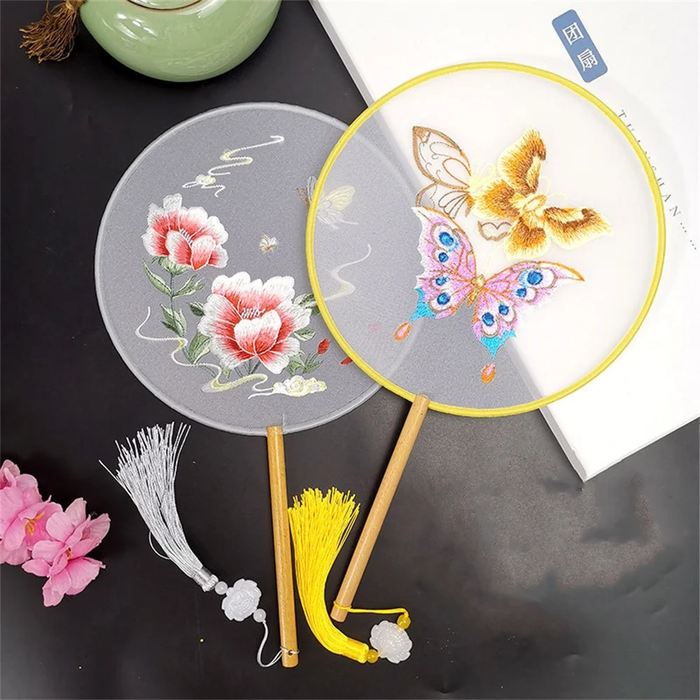Chinese Round Hand Fan With Wooden Handle Double-Sided Embroidery Printed Silk Fan Ancient Tassel Dance Fans Wedding Party