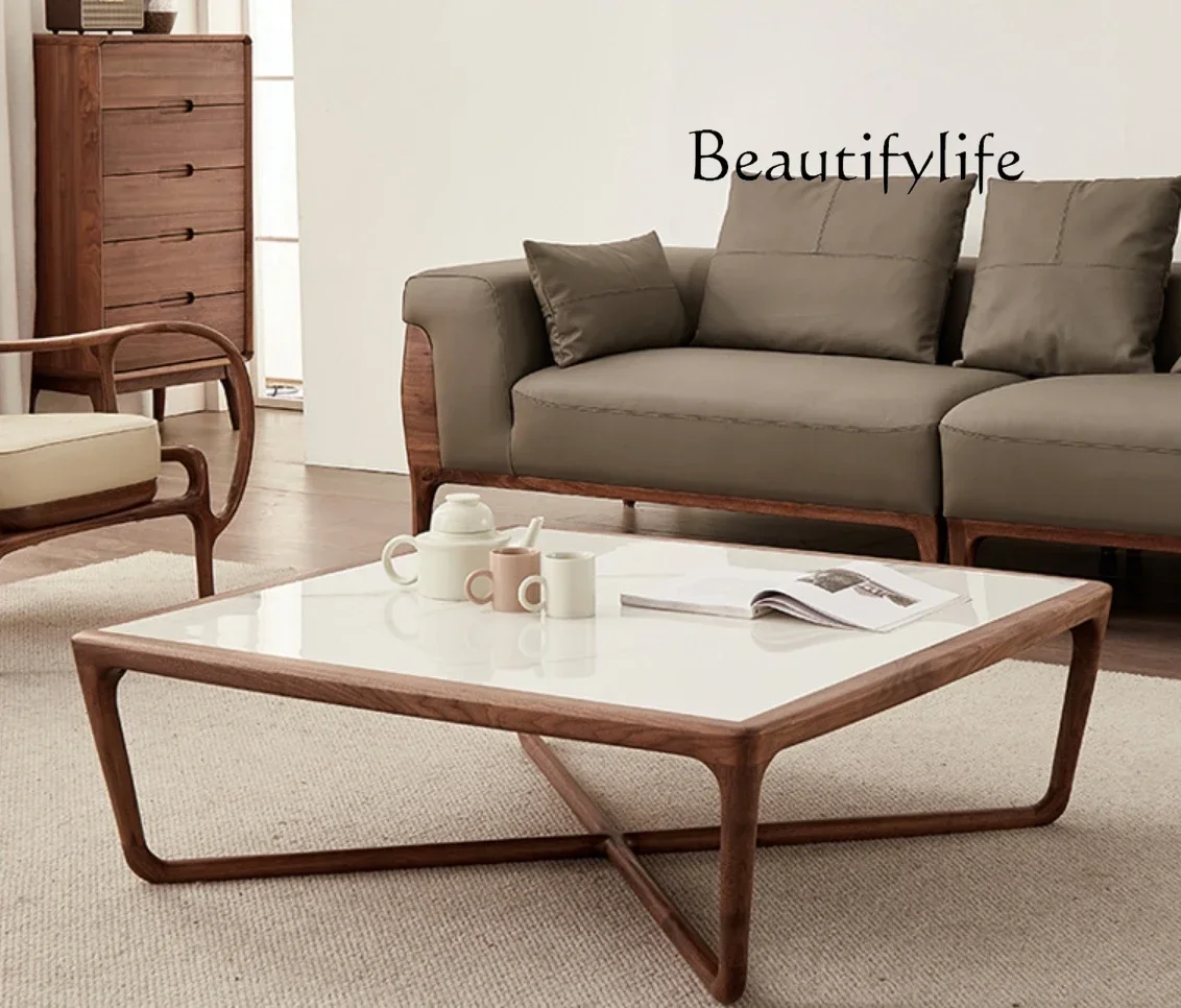 

North America Black Walnut Stone Plate Coffee Table Italian Minimalist Tea Table Modern Light Luxury Living Room Coffee Table
