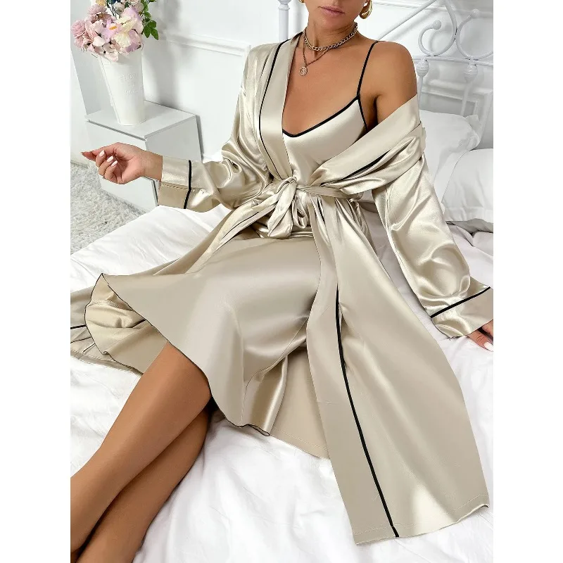 Women's Sexy Fashion 2 Piece Pajama Set V-Neck Slip Dress with Long Robe Sleepwear 4