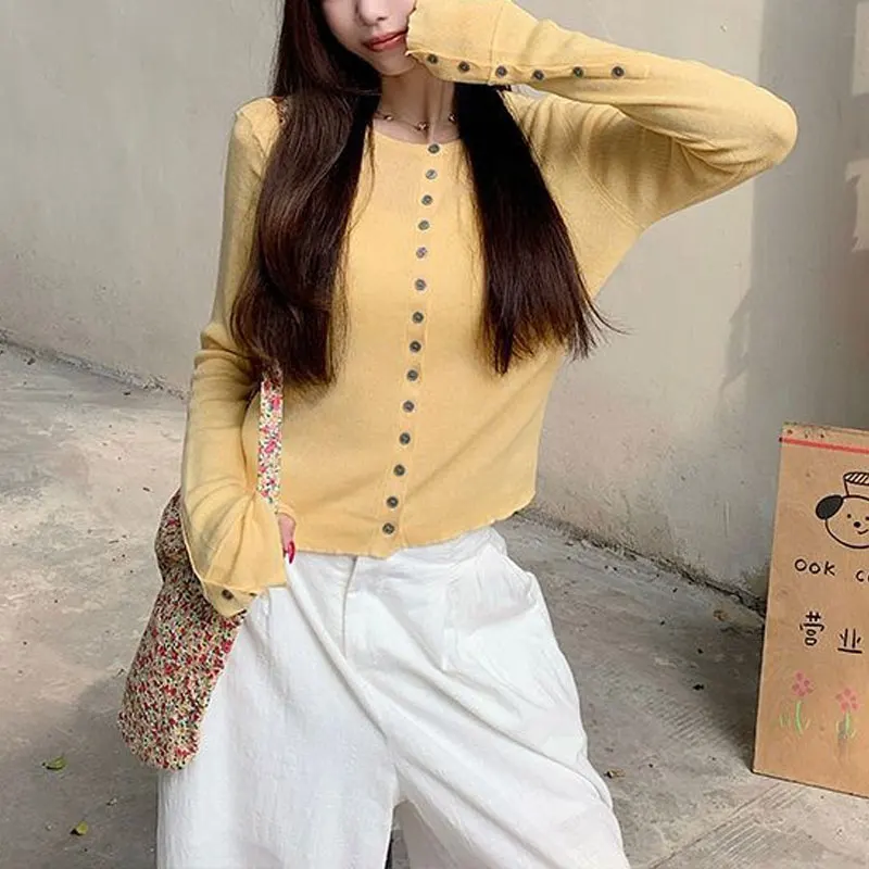 Autumn Solid Color Knitted Cardigan Slim Casual O-Neck Women's Clothing Aura Slim Single-breasted Basic Long Sleeve Sweaters - Image 3