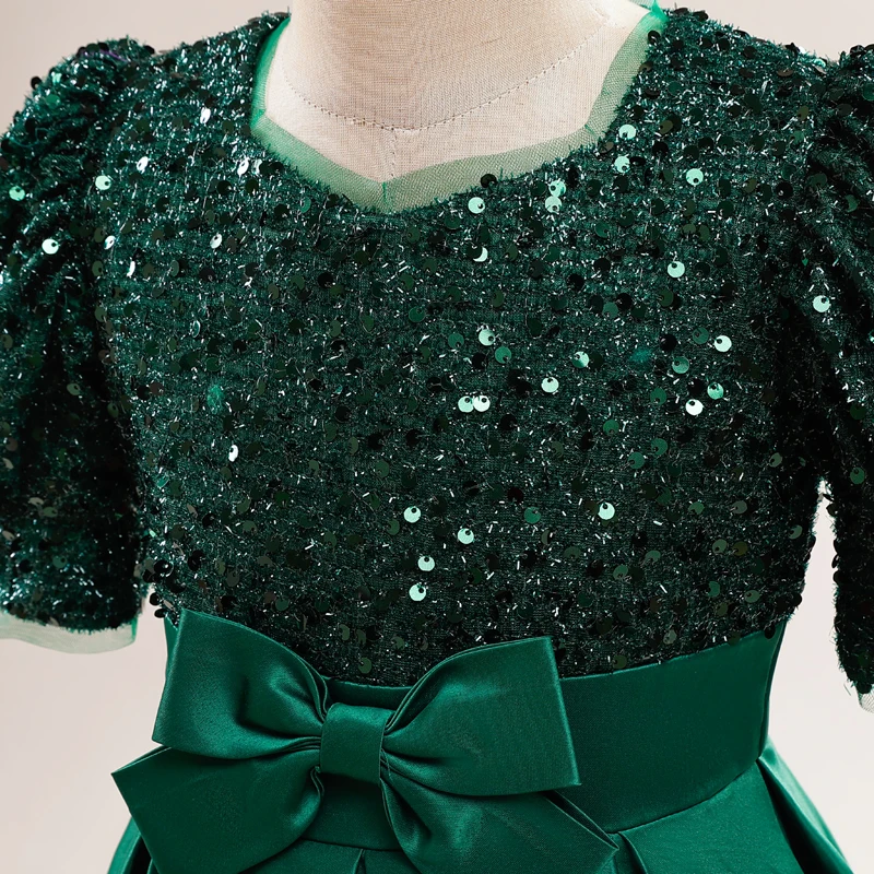 Sequin Elegant Kids Party Dresses For Girls Children Green Christmas Wedding Birthday Gown Bow Girl Princess Evening Dress 4-14Y