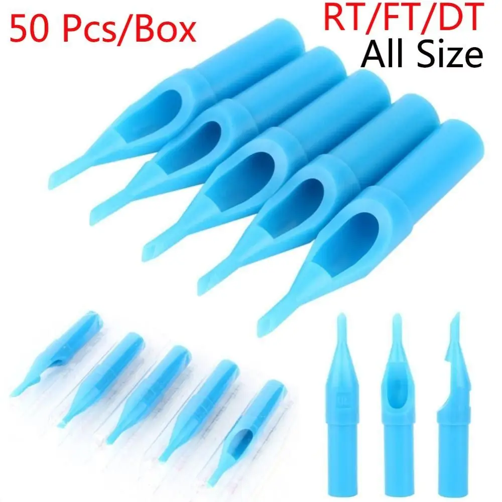 50 pcs/Box 5/7/9 RT FT DT Tattoo Needle Nozzle Sterile Individually Packaged Tattoo Needle Cap Blue Tattoo Machine Nozzle