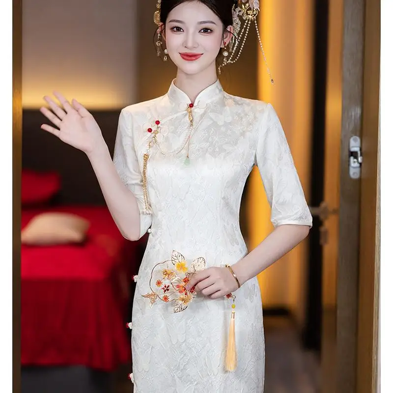 

Белое свадебное платье для молодой невесты, модернизированное, для церемонии помолвки, с длинными рукавами, высокое качество, эффектное.