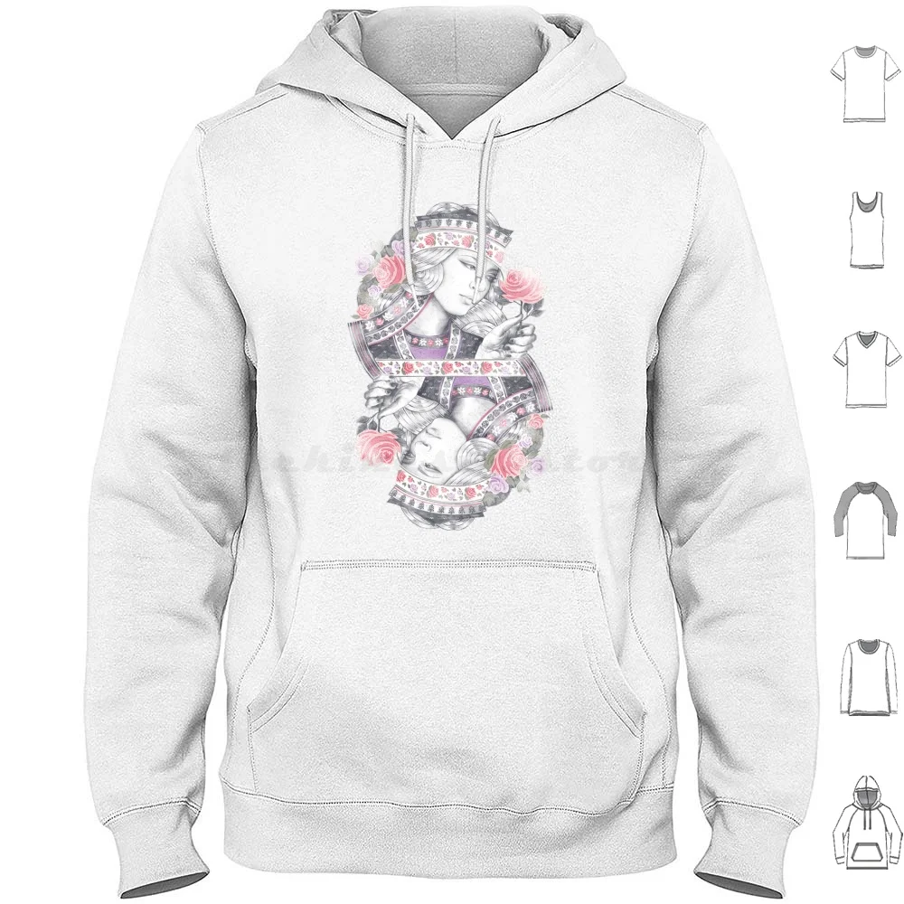 Queen Of Roses Hoodies Long Sleeve Graphite Queen Female Portrait Playing Roses Flowers Pattern Hand Drawn Mirror