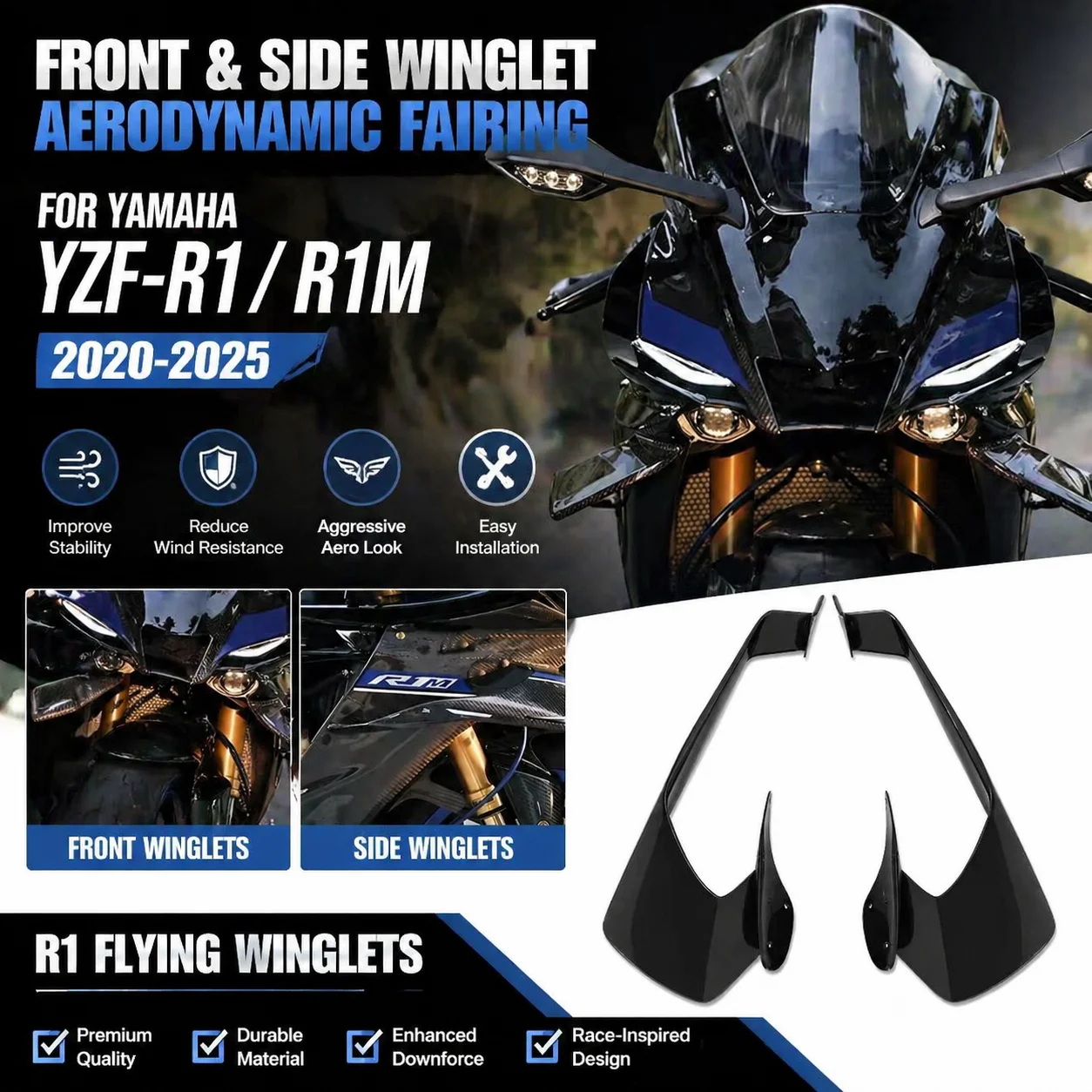For YAMAHA YZF-R1 R1M 2025 Motorcycle Accessorie front spoiler Side wing spoiler Fixed wing fairing R1 Flying wing spoiler