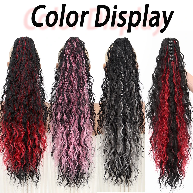24Inch Synthetic Long Deep Wavy Curly Ponytail Extension Claw Clip in Ombre Colors Hairpiece for Women Party Cosplay Use