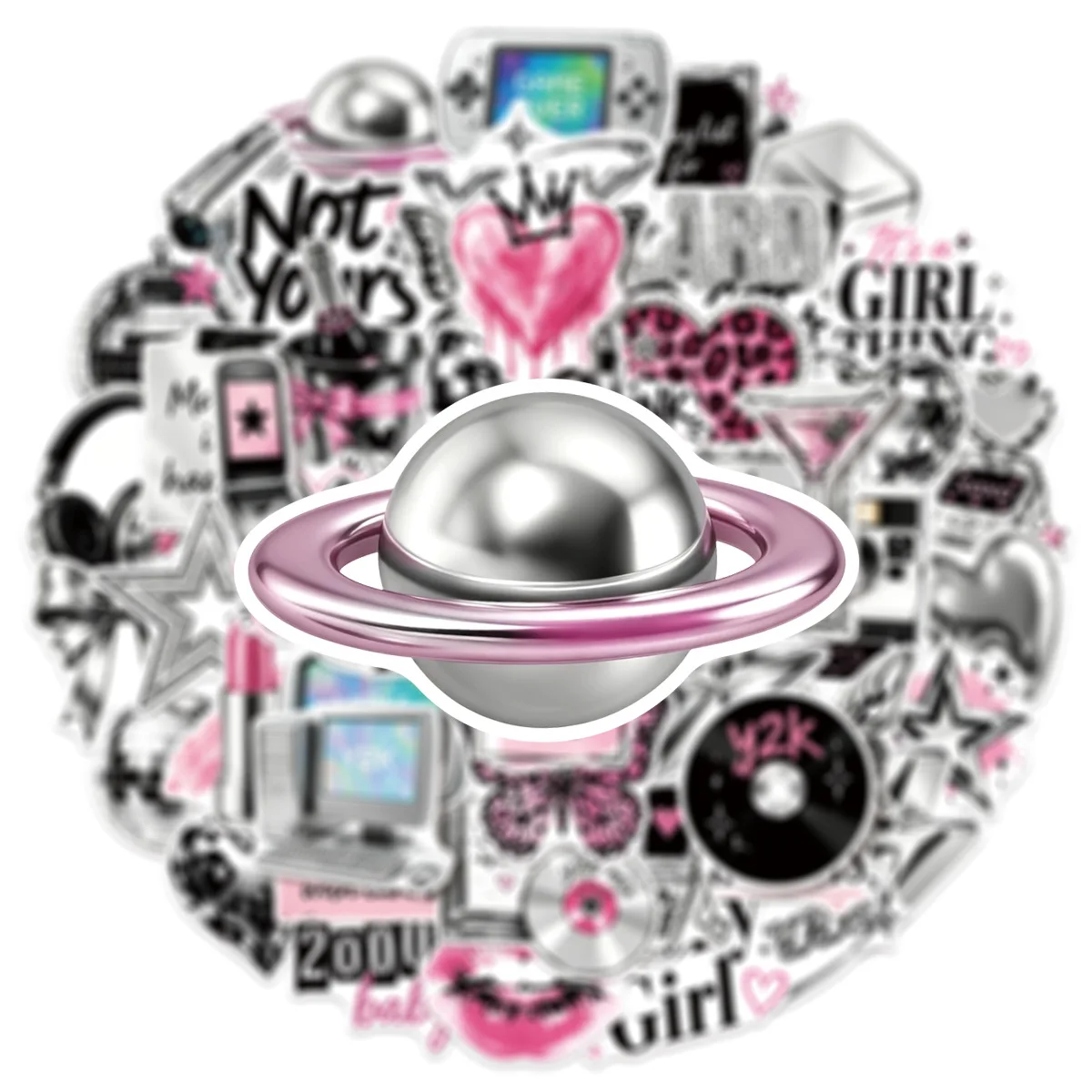 50-Pack Y2K Silver Cool Stickers Waterproof Decorative Decals for Guitars Tablets Refrigerators Notebooks Stationery