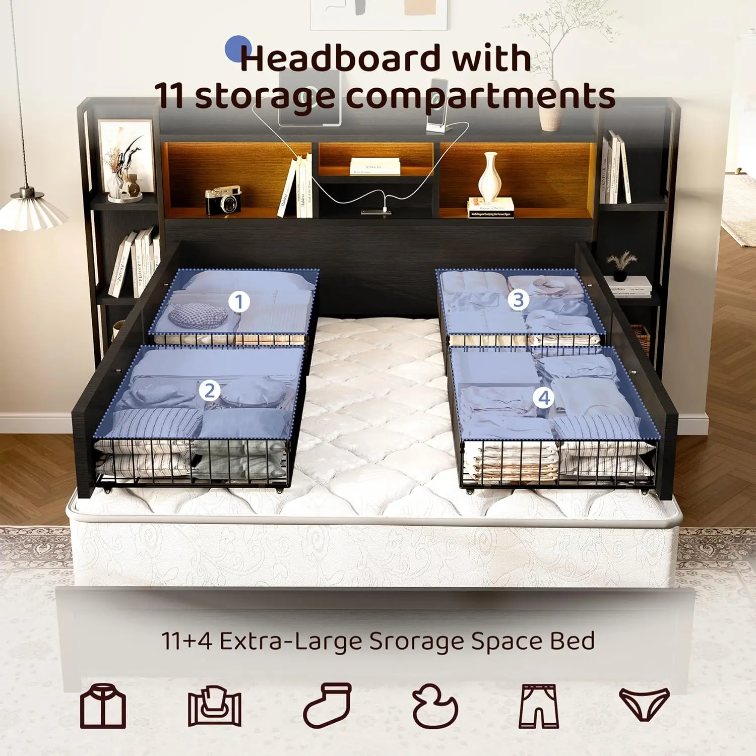 Queen Size Bed Frame with 4 Storage Drawers and Headboard Featuring Shelf Storage, Wooden Platform Bed Frame with, Customized - view 3