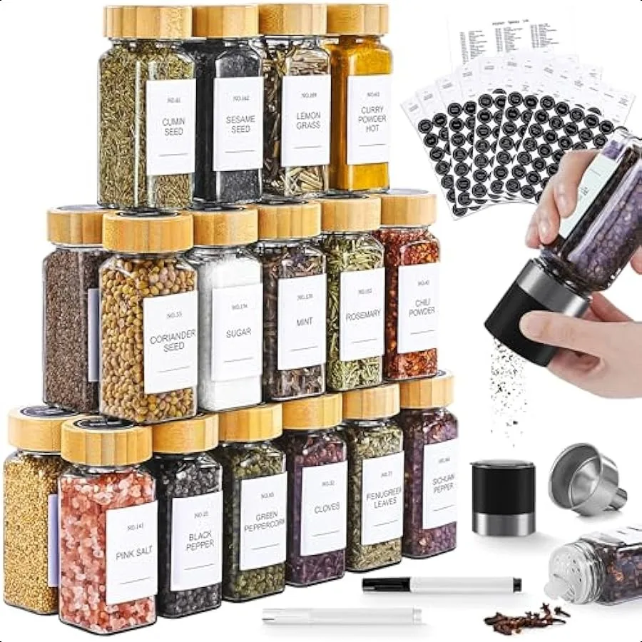 

Spice Jars 24 Pcs 4oz Seasoning Jars with Label Glass Jars with Bamboo Lids Spice Containers Bottles with Pepper Grinder and St