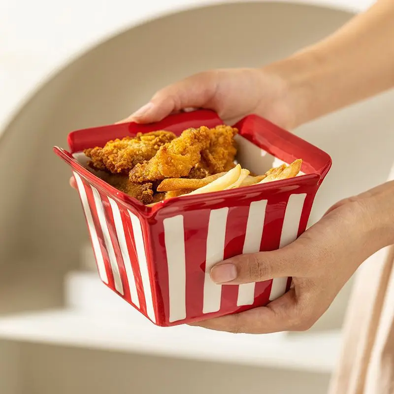 Square Striped Ceramic Bowl, Creative Popcorn Fries Salad Fried Chicken Serving Dish, Home Restaurant Dessert Fruit Mixing Bowl