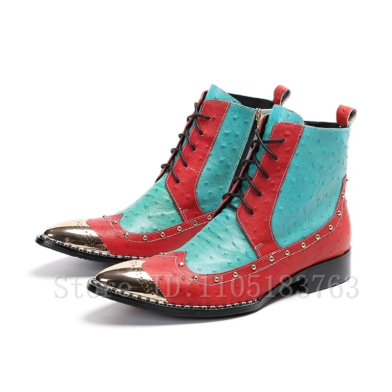 Men Genuine Leather Color Matching Ankle Boots Lace Up Zipper Rivets High Top Ankle Boots Classic Business Dress Boots