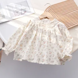 Children Clothing Girls Korean Style  Floral Fresh Shirt Baby Foreign Lace Shirt Spring New Long-sleeved Shirt