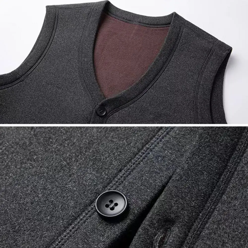 Men Winter Vest Coat V-Neck Sleeveless Single-Breasted Waistcoat Solid Color Thickened Velvet Lining Bottoming Tops