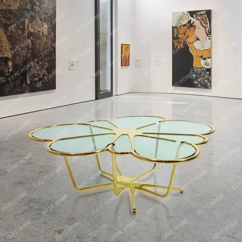 Light luxury tempered glass coffee table modern living room home special-shaped petals high-end stainless steel coffee table