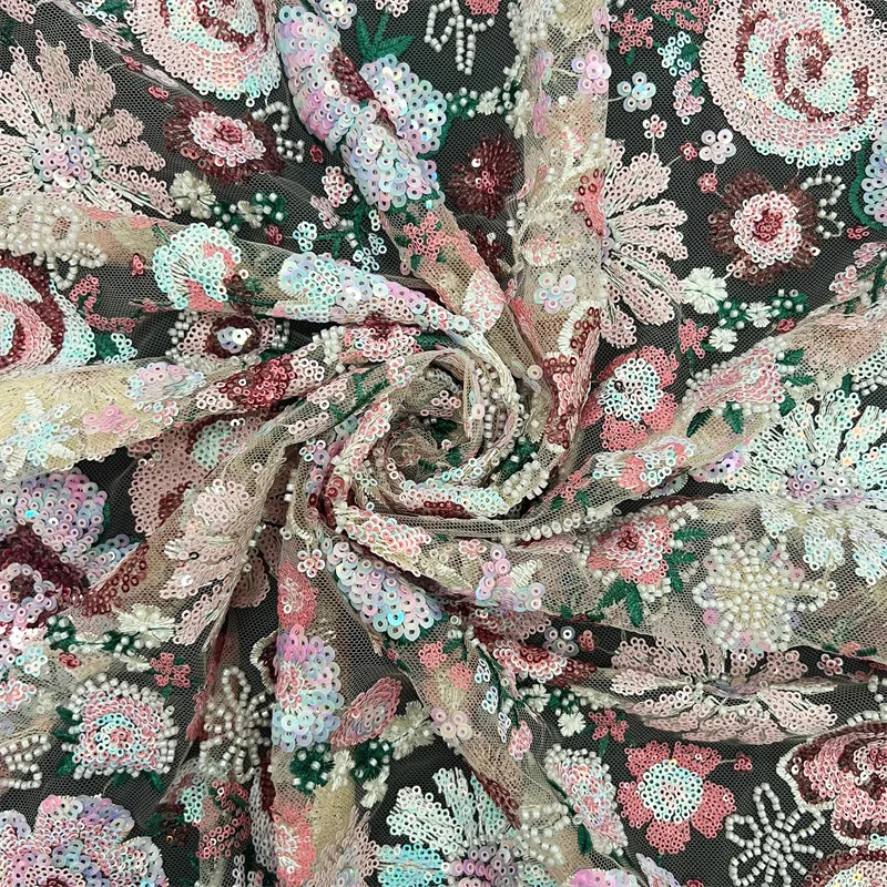 

1 ярд цветы с блестками, украшение своими руками, стильная ткань для свадебного платья, платье для выступлений, материал, марлевая ткань из бисера, цветная ткань