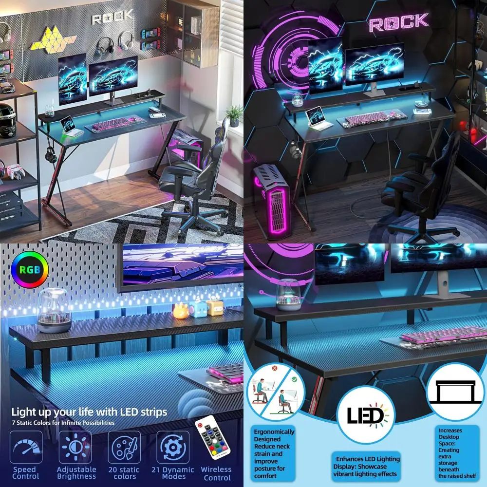 

Игровой стол с розетками и LED-подсветкой, 40 дюймов, эргономичный, из углеродного волокна, для геймеров, с большой подставкой для монитора, крючком для кабеля, для ПК