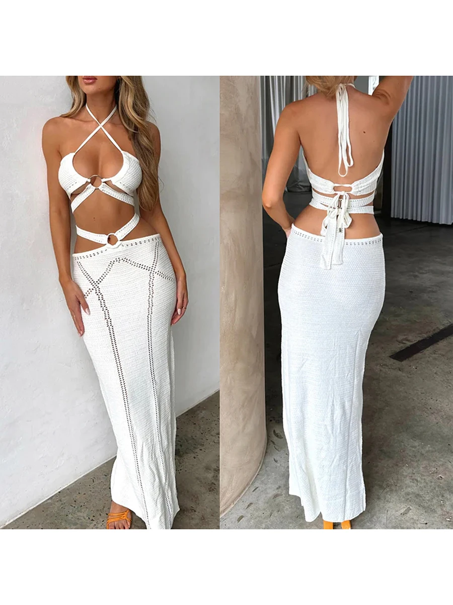 Women Long Dress Solid Color Hollow-Out Cross Tie-Up Halter Neck Sleeveless Backless Dress Bodycon Dress Crochet Knit Dress