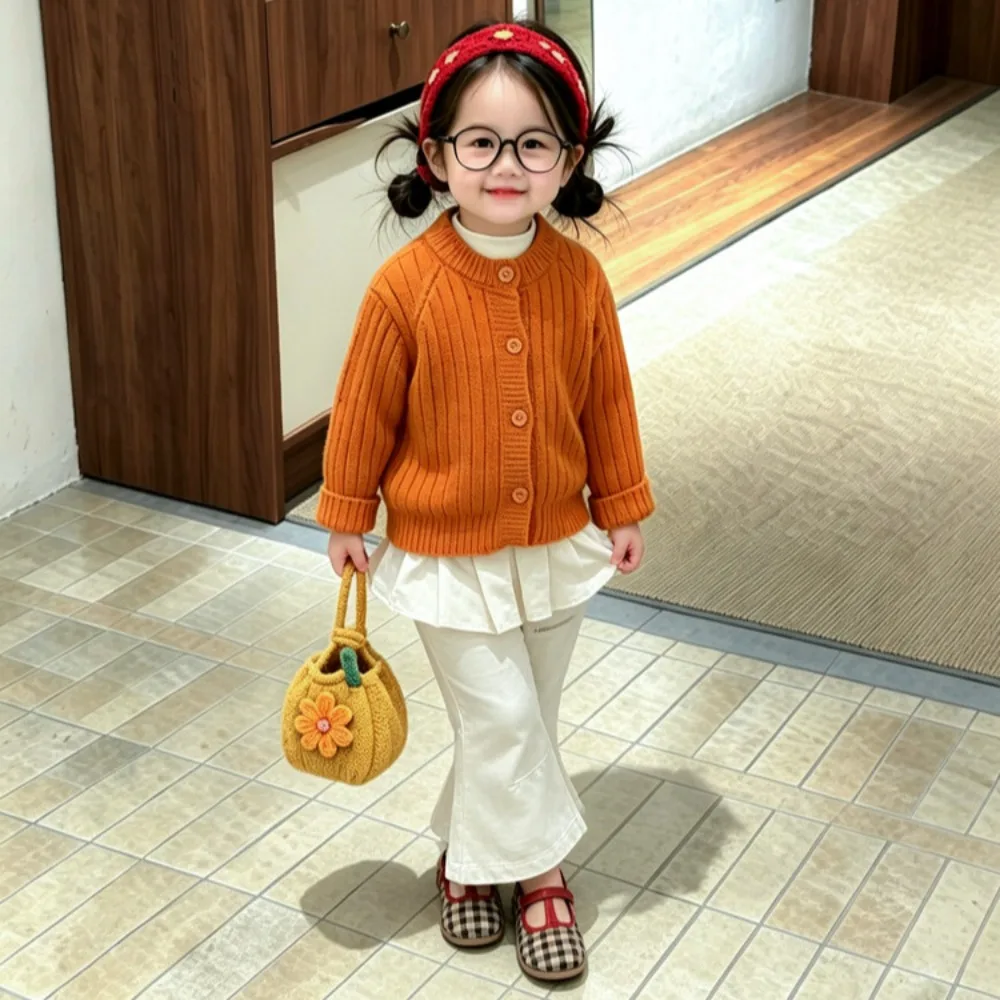 2026 New Autumn Little Girls Orange Skin‑flattering Knit Cardigan Stylish Sweater Outerwear For Toddler Baby Girls Fall Outfits